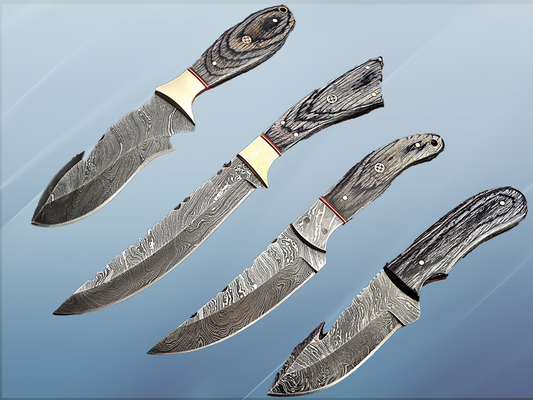 4 pieces Damascus steel Dollar wood scale skinning knives set. Overall 40 inches long Full tang Damascus steel blade knives, Cow hide leather sheath