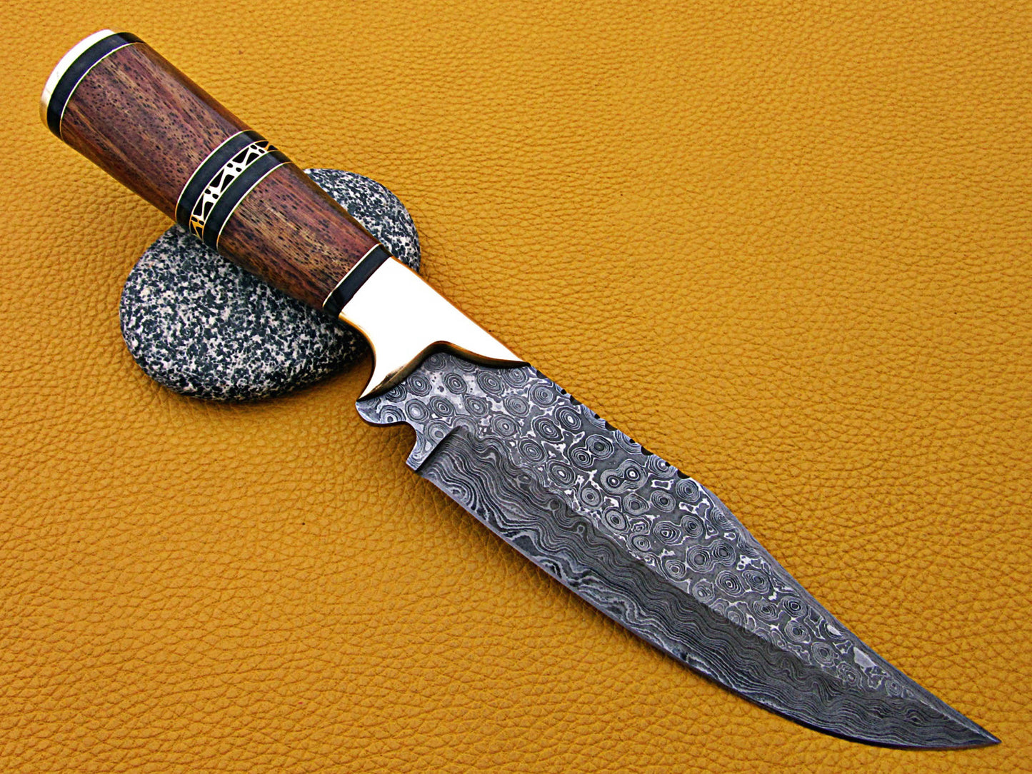 12" Long Damascus steel Skinning Knife hand forged Twist pattern Damascus steel, Rose wood round scale crafted with engraved brass spacer & cap, Cow hide leather sheath with belt loop
