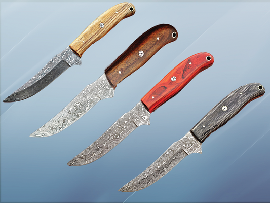 9.5" straight back blade skinning knife, 5" full tang Rain drop pattern Damascus steel blade, Available in 4 colors,  includes Cow hide Leather sheath