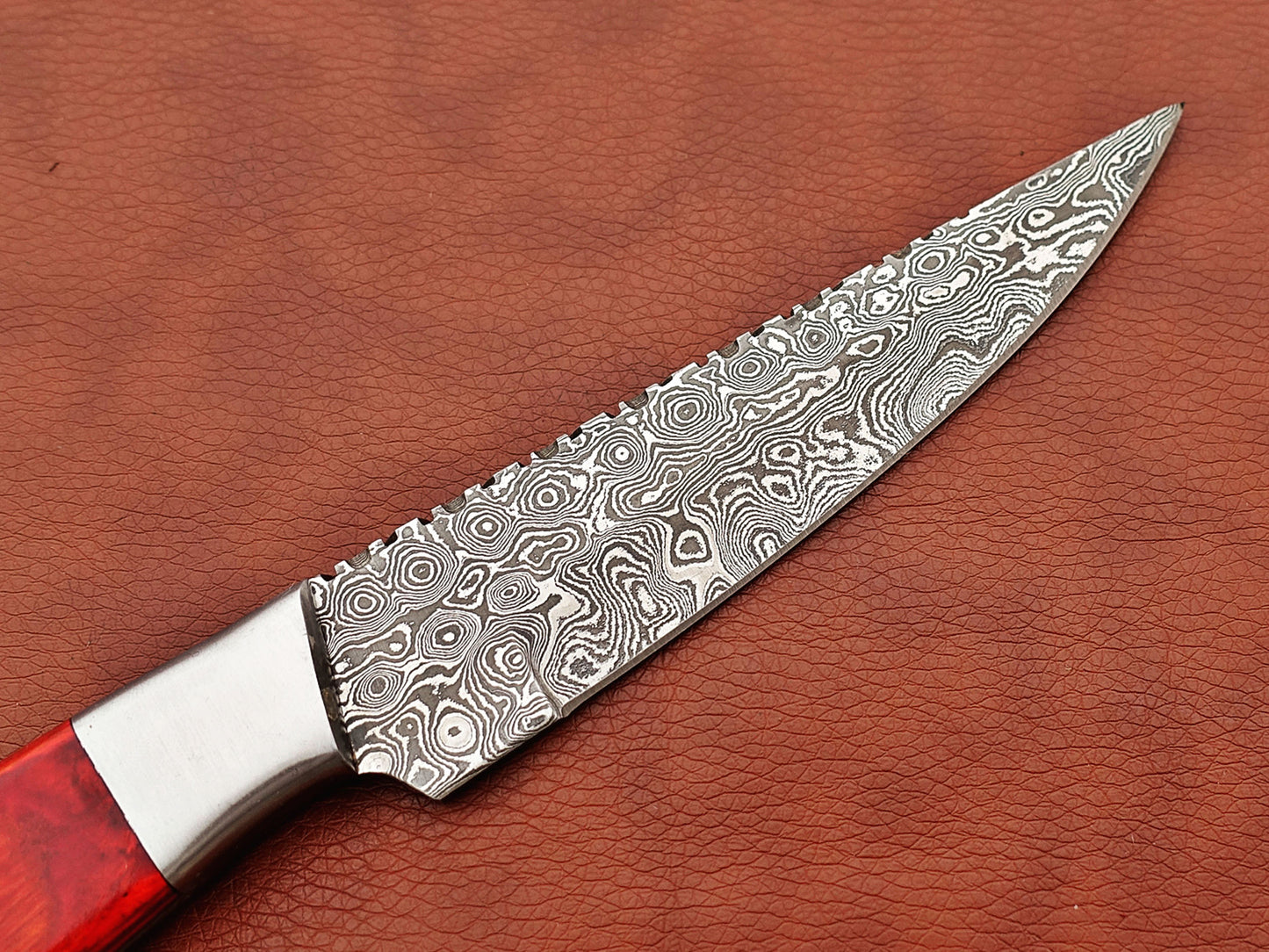 9.5" straight back blade skinning knife, 5" full tang Rain drop pattern Damascus steel blade, Available in 4 colors,  includes Cow hide Leather sheath