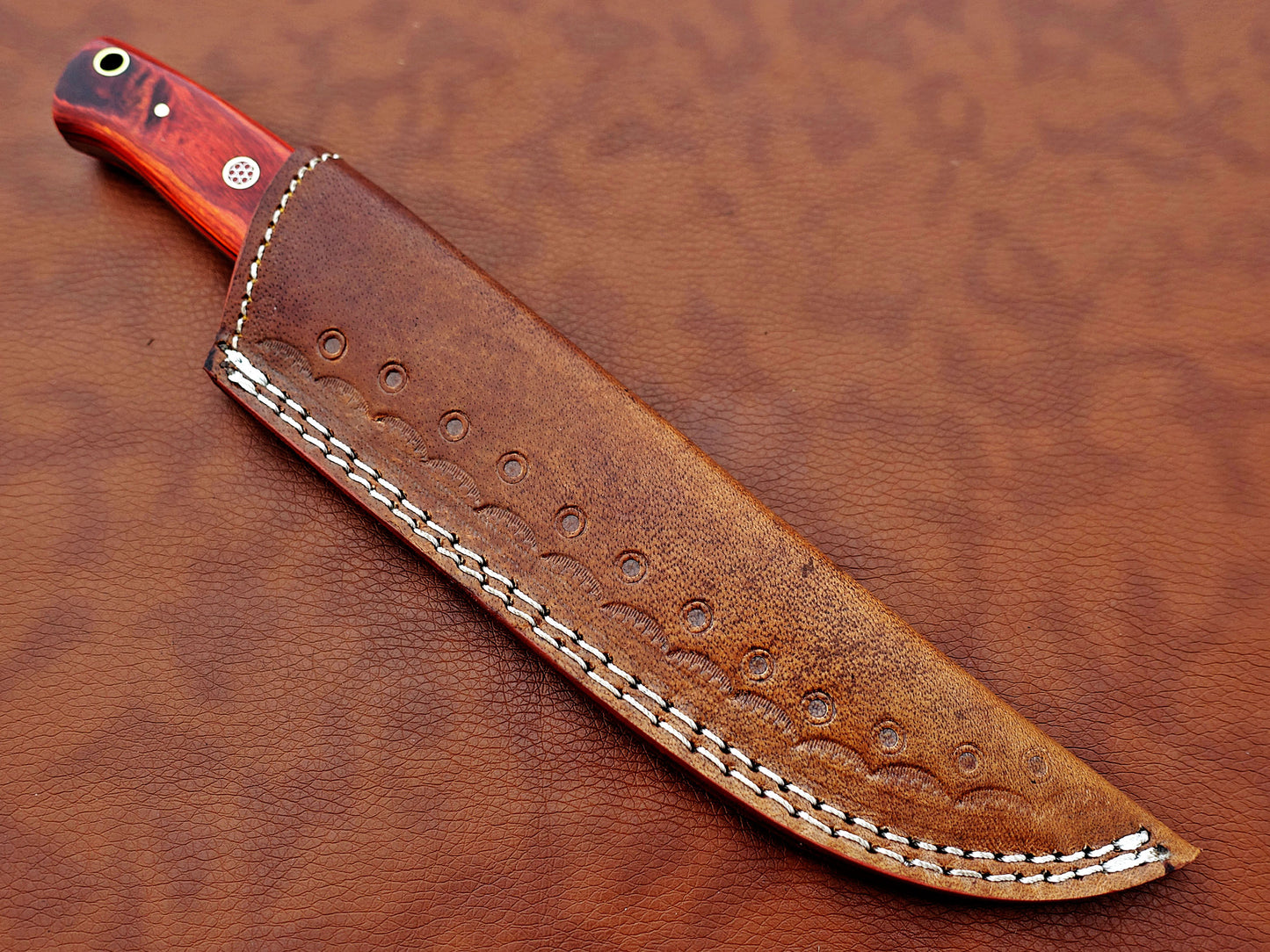 9.5" straight back blade skinning knife, 5" full tang Rain drop pattern Damascus steel blade, Available in 4 colors,  includes Cow hide Leather sheath