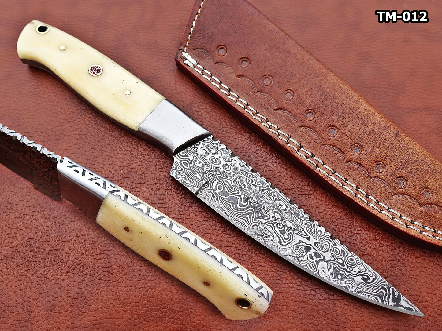 9.5" straight back blade skinning knife, 5" full tang Rain drop pattern Damascus steel blade, Available in 4 colors,  includes Cow hide Leather sheath