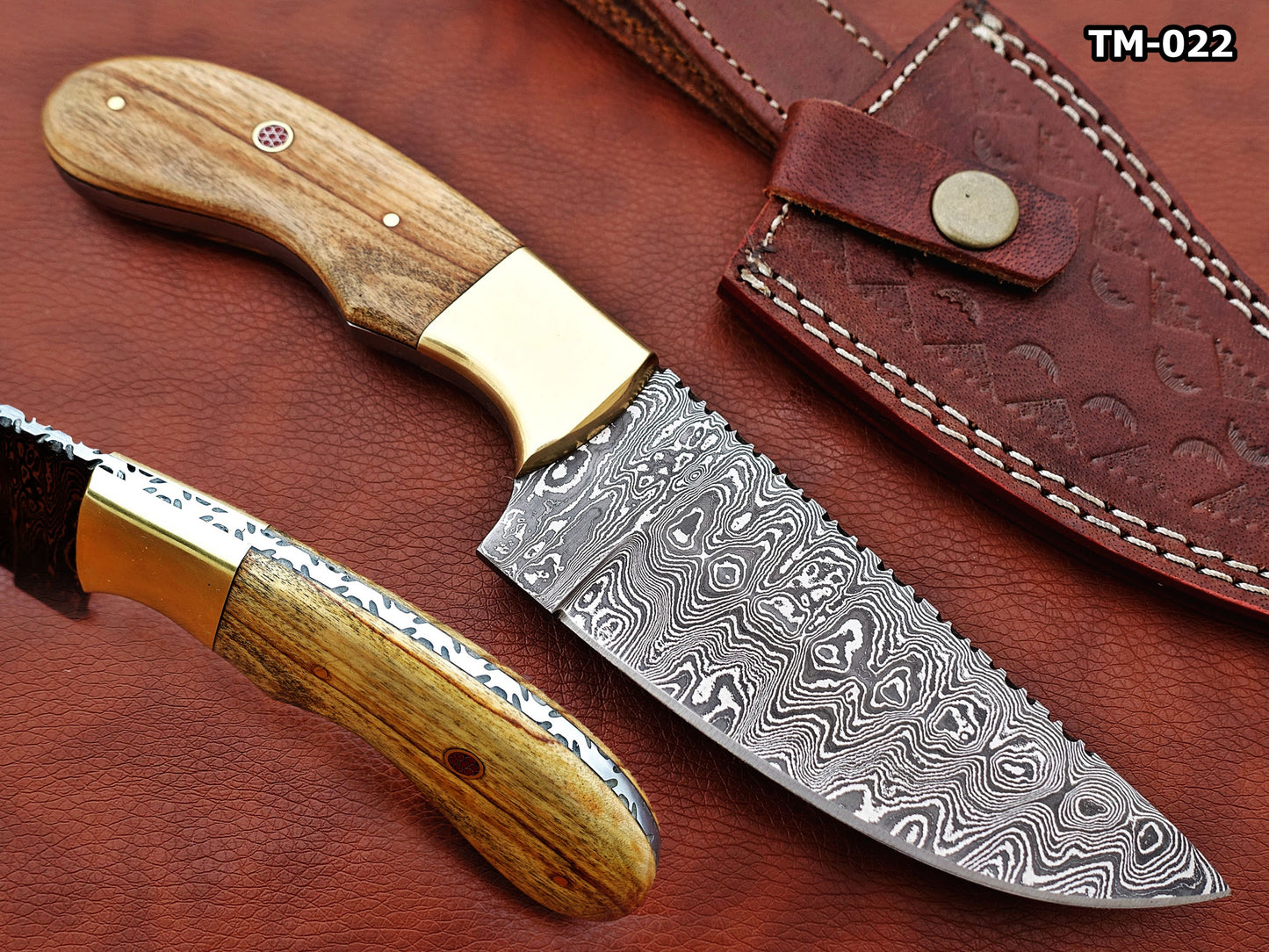 Damascus steel Rain drop pattern straight back blade 9.5" skinning knife, 5" full tang, Available in 4 colors,  includes Cow hide Leather sheath