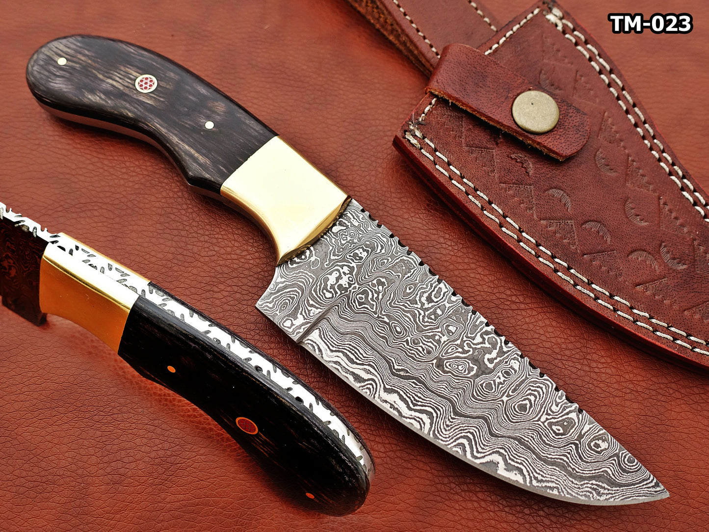 Damascus steel Rain drop pattern straight back blade 9.5" skinning knife, 5" full tang, Available in 4 colors,  includes Cow hide Leather sheath