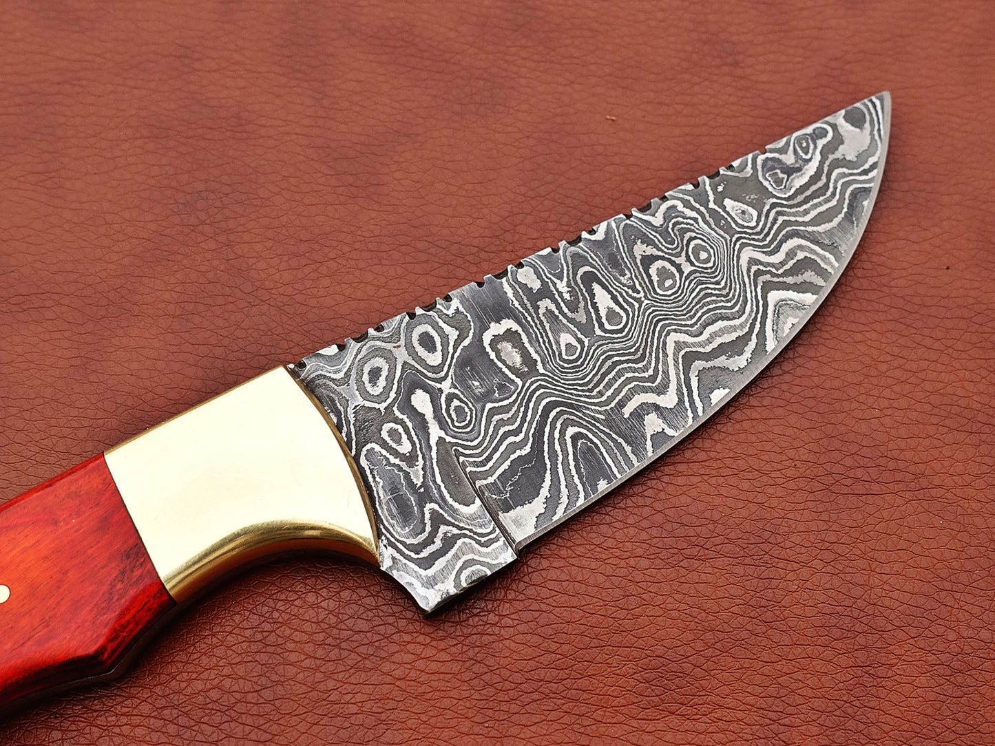 Damascus steel Rain drop pattern straight back blade 9.5" skinning knife, 5" full tang, Available in 4 colors,  includes Cow hide Leather sheath