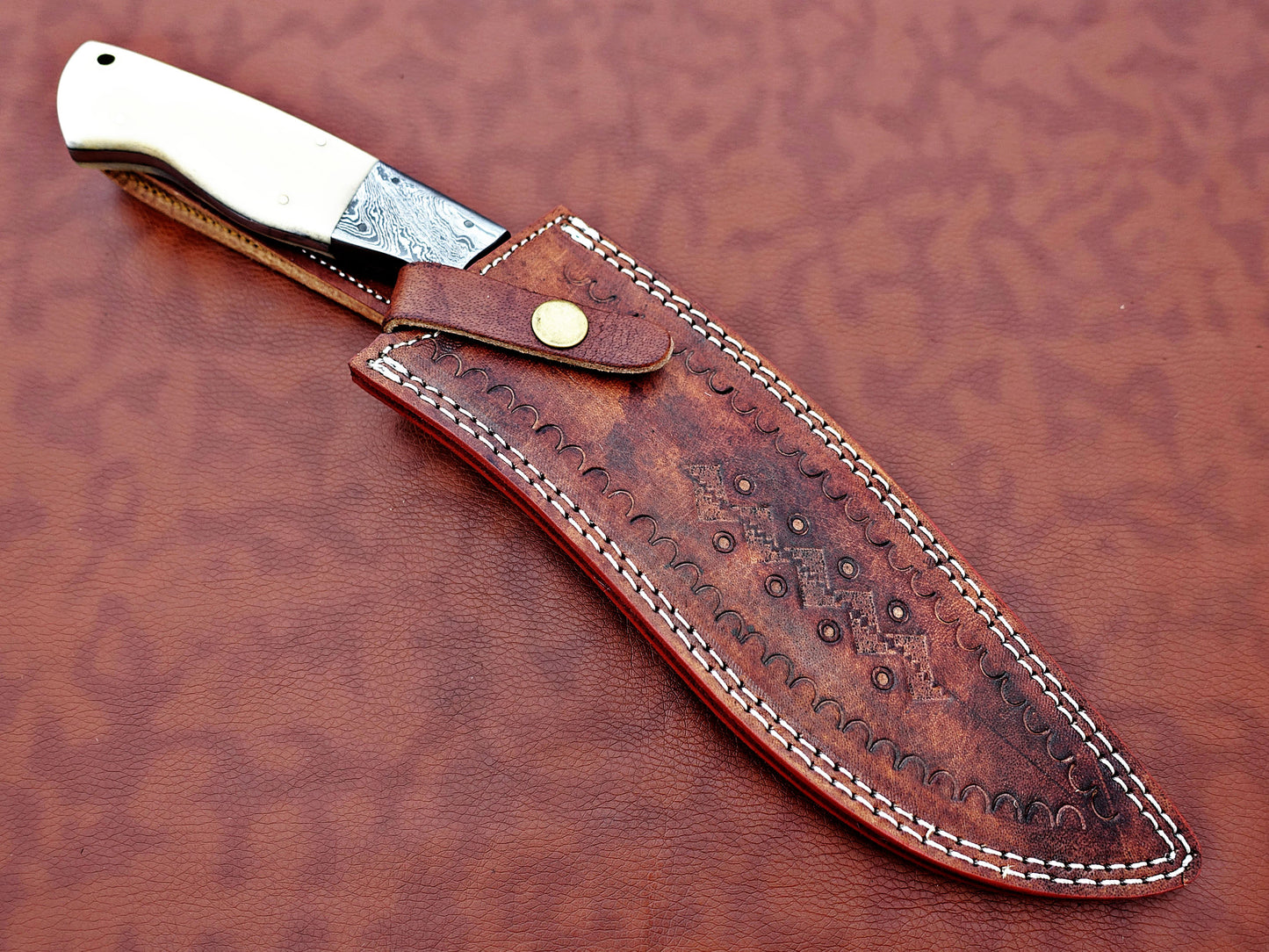 Damascus Steel Kukri Knife 14 Inches custom made Hand Forged With 9" long blade, Stag Antler scale, Cow Leather Sheath