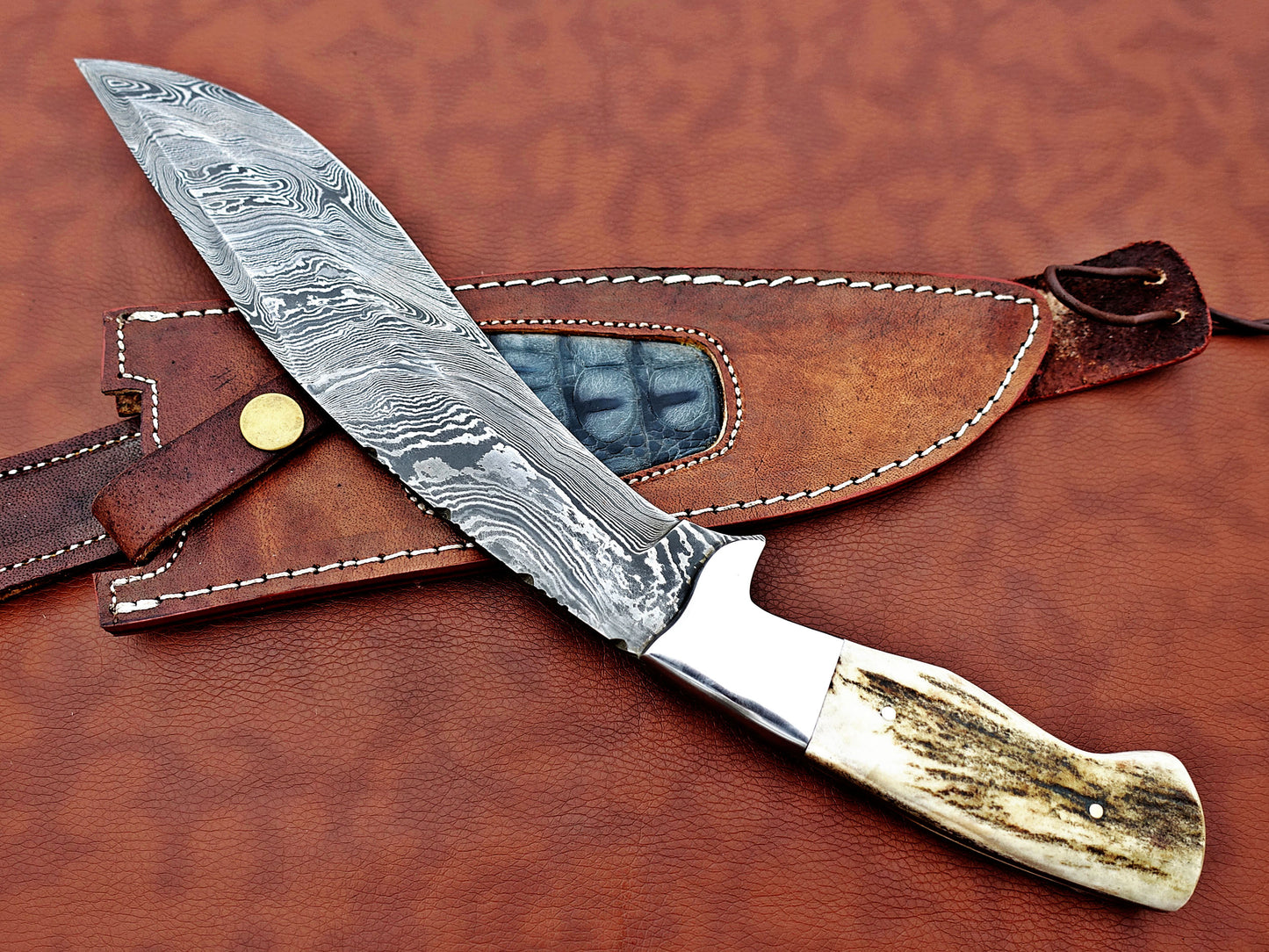 Damascus Steel Kukri Knife 14 Inches custom made Hand Forged With 9" long blade, Stag Antler scale, Cow Leather Sheath