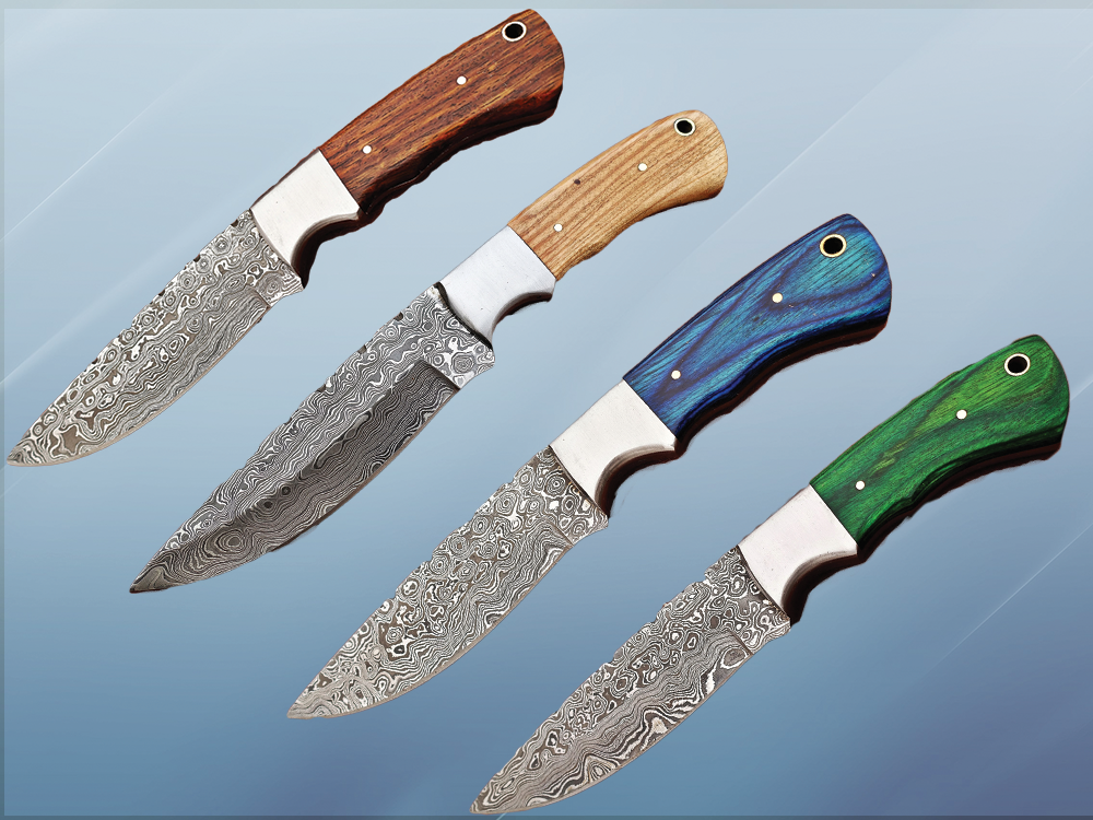 9.5" skinning knife, 5" full tang Rain drop pattern straight back Damascus steel blade, Available in 4 colors,  includes Cow hide Leather sheath