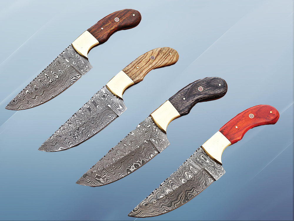 Damascus steel Rain drop pattern straight back blade 9.5" skinning knife, 5" full tang, Available in 4 colors,  includes Cow hide Leather sheath