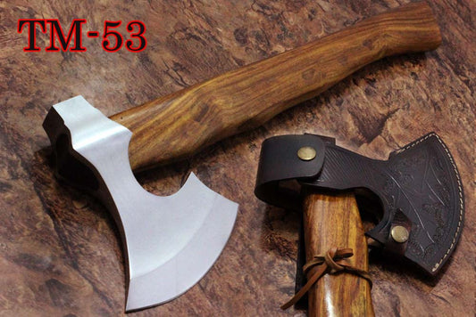 17 Inches long Hand Forg High polished steel Voyager Axe with Rose wood round handle, thick PVC sheath available