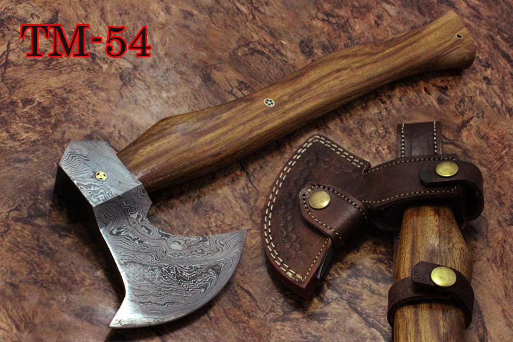 Damascus Steel Log Splitter Axe Bearded Hiking Battle Axe, 17 Inches Long Hand Forged Damascus Steel with Rose Wood Round Handle, Thick Cow Hide Leather Sheath Included