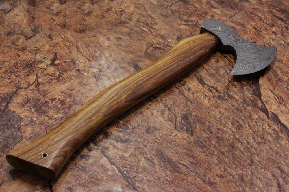 Damascus Steel Log Splitter Axe Bearded Hiking Battle Axe, 17 Inches Long Hand Forged Damascus Steel with Rose Wood Round Handle, Thick Cow Hide Leather Sheath Included