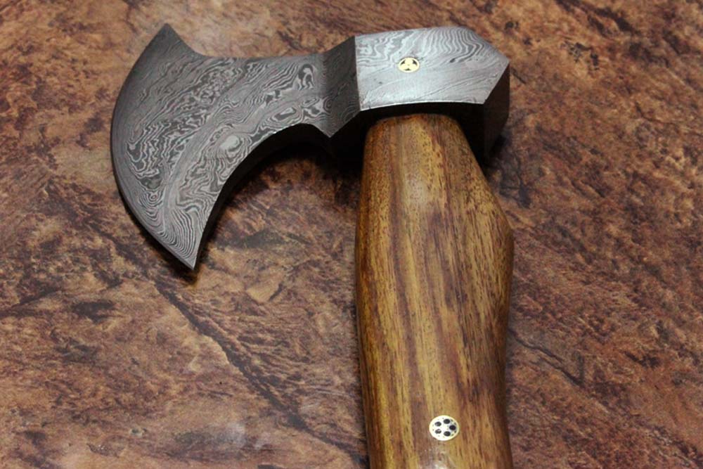 Damascus Steel Log Splitter Axe Bearded Hiking Battle Axe, 17 Inches Long Hand Forged Damascus Steel with Rose Wood Round Handle, Thick Cow Hide Leather Sheath Included