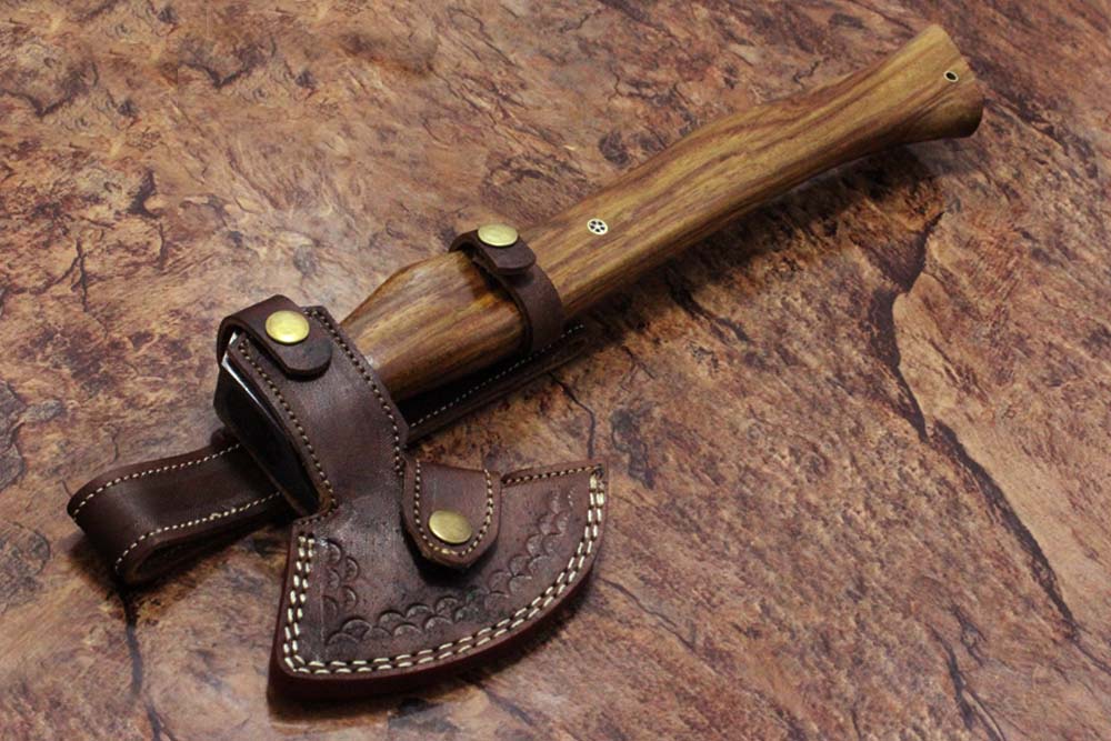 Damascus Steel Log Splitter Axe Bearded Hiking Battle Axe, 17 Inches Long Hand Forged Damascus Steel with Rose Wood Round Handle, Thick Cow Hide Leather Sheath Included