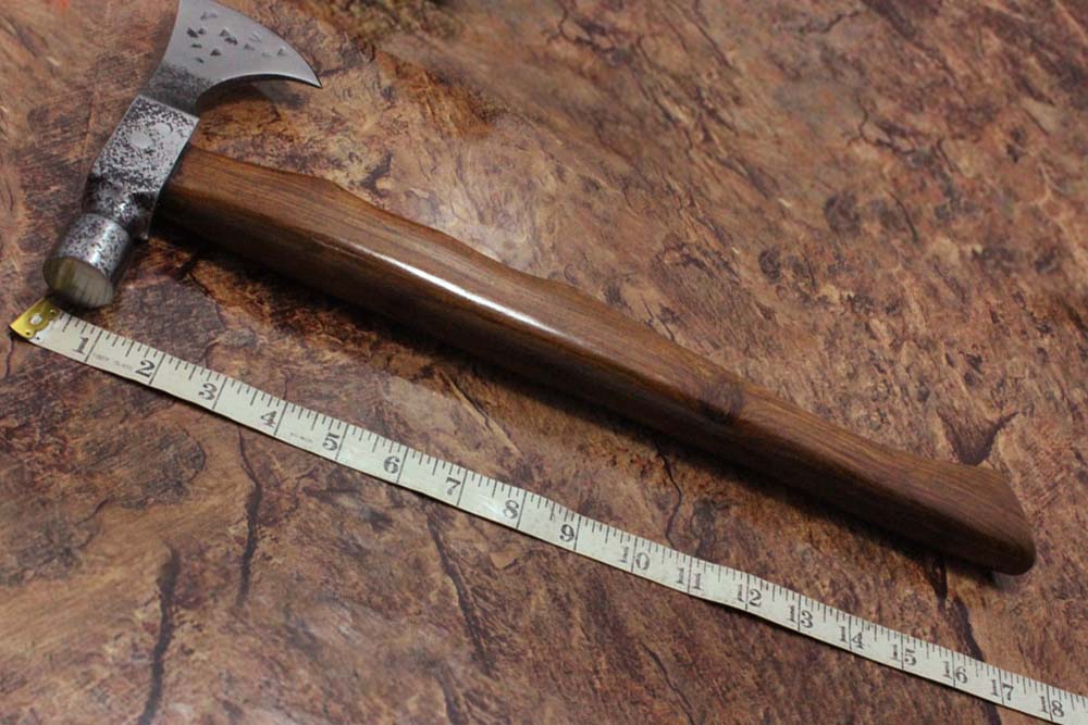 18 Inches long High carbon steel voyager axe with Hammer, Rose wood round handle, thick cow hide leather sheath included