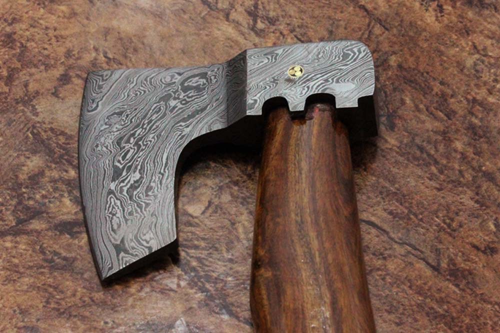 17 inches long Damascus steel camping Axe with 4" Large cutting edge, Round Rose wood scale Handle, Leather sheath included