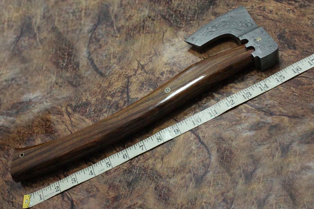 17 inches long Damascus steel camping Axe with 4" Large cutting edge, Round Rose wood scale Handle, Leather sheath included