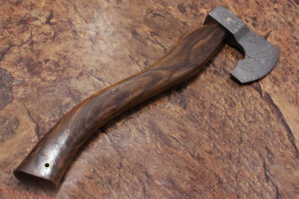 17 inches long Damascus steel hiking Axe with 4" Large cutting edge, Round Rose wood scale Handle, Leather sheath included (Copy)