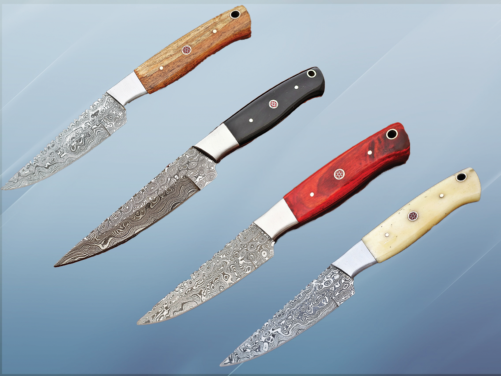 9.5" straight back blade skinning knife, 5" full tang Rain drop pattern Damascus steel blade, Available in 4 colors,  includes Cow hide Leather sheath