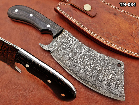 12" hand forged Damascus steel meat Cleaver, Walnut wood scale chopper knife, Leather sheath included
