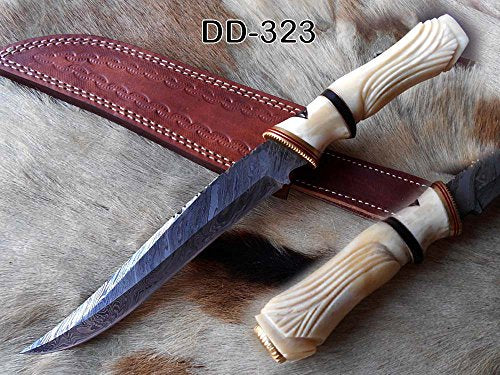 13 Inches long hand carved camel bone round scale custom made Hand Forged Damascus Steel hunting Bowie Knife With 7.5" blade Leather sheath