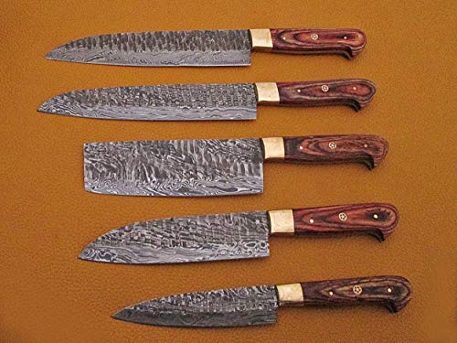 5 Pieces Damascus steel Hammered kitchen knife set, Custom made hand forged Damascus steel full tang blade, Overall 36 inches Length of Hammered Damascus sharp knives, Goat suede Leather Roll sheath