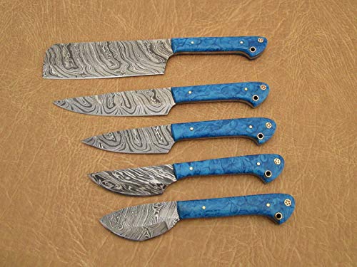 Custom made hand forged Damascus steel full tang blade kitchen knife set, Overall 45 inches Length of Damascus sharp knives (10.6+9.6+9.0+8.0+7.6) Inches, Leather suede sheath (Blue Razon))