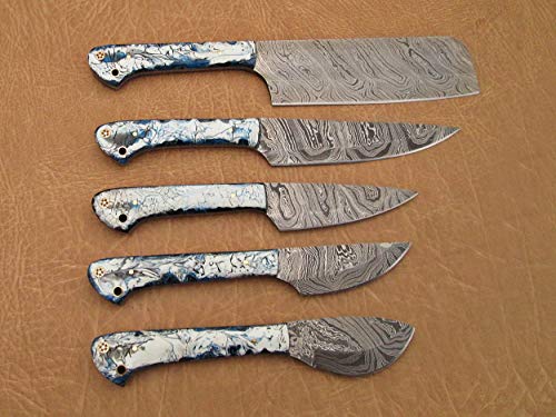 5 pieces Custom made hand forged Damascus steel blade kitchen knife set with gift box, white & blue colored razon scale, Overall 45 inches Length of Damascus sharp knives (10.6+9.6+9.0+8.0+7.6)Inches