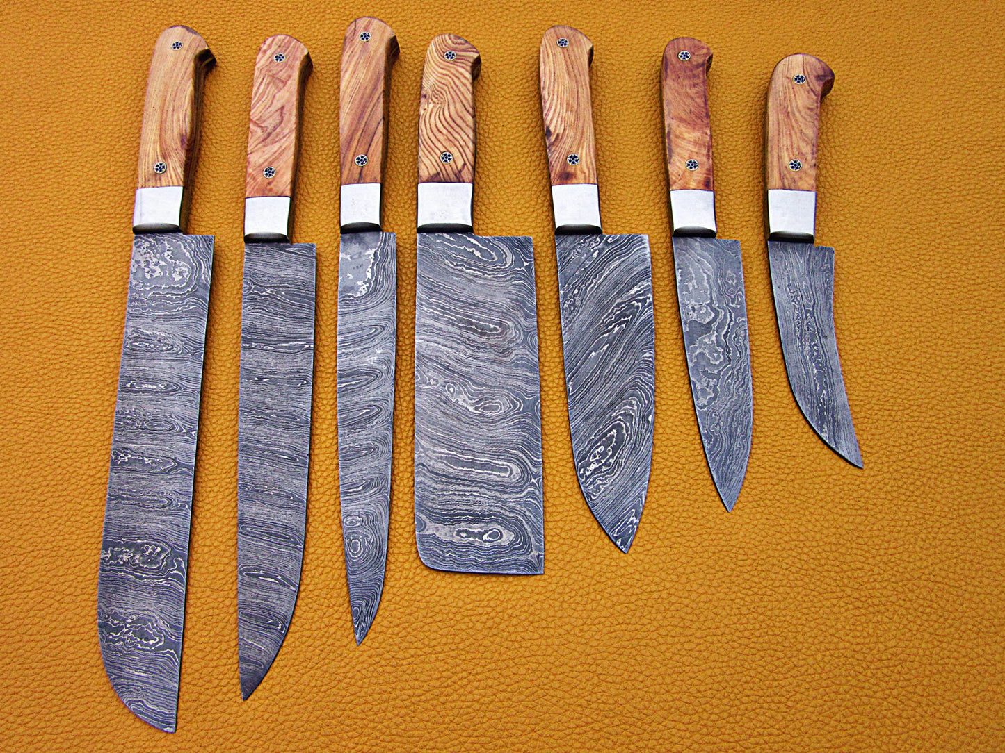 7 pieces Custom made hand forged Damascus steel full tang blade kitchen knife set, Over 75 inches Length of Damascus sharp knives (15+14+13.5+12+11+10+9) Inches, Cow hide Leather sheath