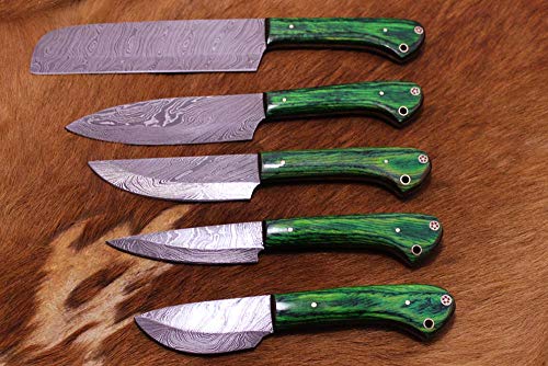 5 pieces Custom made hand forged Damascus steel blade kitchen knife set, Green colored wood scale, Overall 45 inches Length of Damascus sharp knives (10.6+9.6+9.0+8.0+7.6)Inches, Leather suede sheath