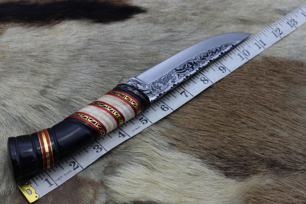 11" Hand engraved stainless steel skinning knife, Custom made scale, Cow sheath