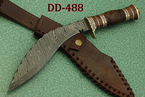 15 Inches Long Hand Forged Damascus Steel Kukri Knife, 10" Long Blade, Custom Made Hand Crafted Scale with Engraved Brass, Includes Cow Hide Leather Sheath (Rose Wood)