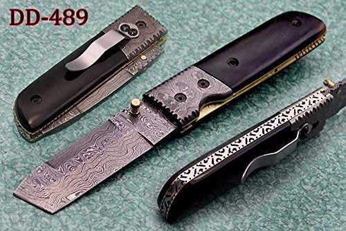 Damascus Steel Tanto Blade Folding Knife with Pocket Clip, Bull Horn & Damascus Bolster Scale, Cow Hide Leather Sheath, Equipped with Thumb knob & Liner Lock