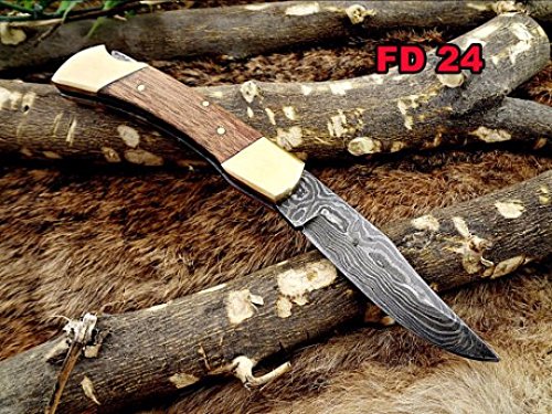 Damascus Steel 7.5" Long Folding Knife, Koa Wood with Brass Bolster Scale, Custom Made 3.5" Hand Forged Blade Cow Hide Leather Sheath