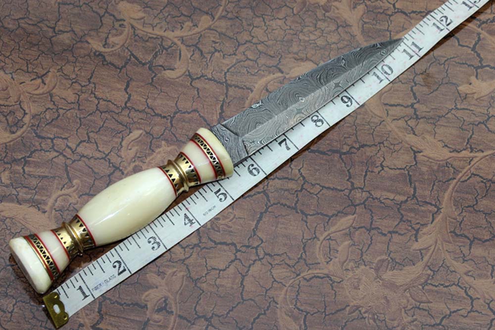11" Damascus steel hunting Dagger knife, Bone W/engraved brass scale, Cow sheath