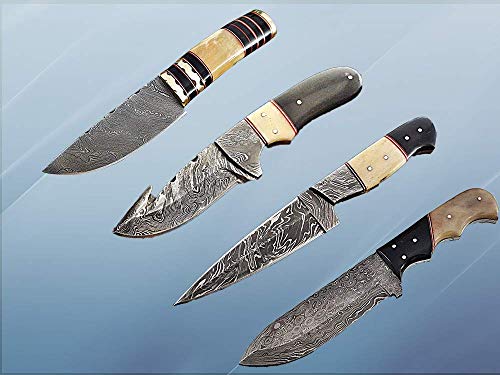4 Pieces Damascus Steel Skinning Knives Set. Overall 36 inches Long Damascus Steel Blade Knives. Camel Bone & Bull Horn Scale, Each Knife Comes with Cow Hide Leather Sheath