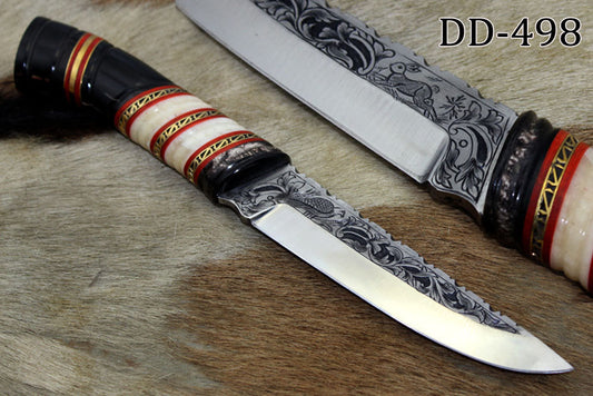 11" Hand engraved stainless steel skinning knife, Custom made scale, Cow sheath