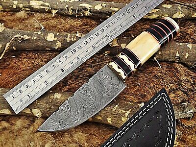 Damascus steel skinning knife 4 Pcs set with leather sheath, Black & white scale
