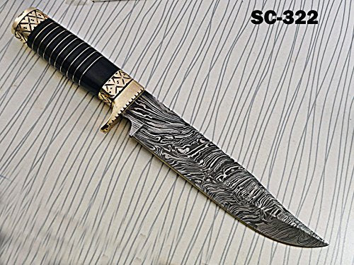 13.5 Inches long Damascus steel custom made bowie Knife bull horn with engraved brass scale Hand Forged 8" blade cow hide leather sheath