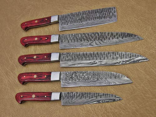 5 Pieces Damascus steel Hammered kitchen knife set, 2 tone Wine wood scale, 54 inches long sharp knives, Custom made hand forged Hammered Damascus steel blade, Goat suede Roll Leather sheath