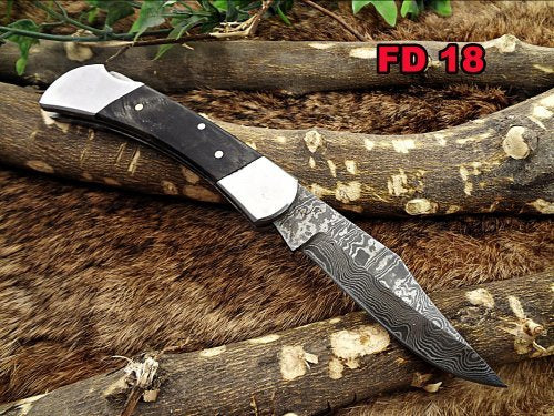 Damascus steel 7.5" long Folding Knife Natural Bull horn with steel bolster scale, custom made 3.5" Hand Forged blade cow leather sheath