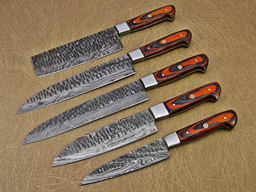 5 Pieces Damascus steel Hammered kitchen knife set, 2 tone Orange wood scale, 54 inches long sharp knives, Custom made hand forged Hammered Damascus steel blade, Goat suede Roll Leather sheath