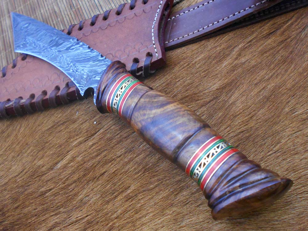 11" Long hand forged Damascus steel Tanto blade Hunting knife, exotic Hand crafted rose wood scale with engraved brass & green fiber spacer, Cow hide Leather sheath with belt loop