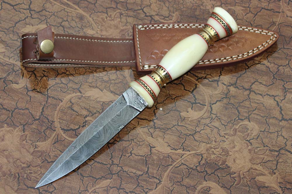 11" Damascus steel hunting Dagger knife, Bone W/engraved brass scale, Cow sheath