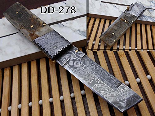 Damascus steel Tanto blade Folding Knife, Natural Ram horn scale with Damascus bolster, Cow hide leather sheath with belt loop, equipped with Thumb knob & liner lock