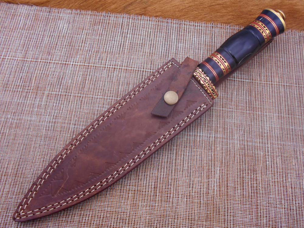 13 Inches long custom made Hand Forged Damascus Steel dagger Knife With 9" blade, exotic engraved brass scale cow leather sheath