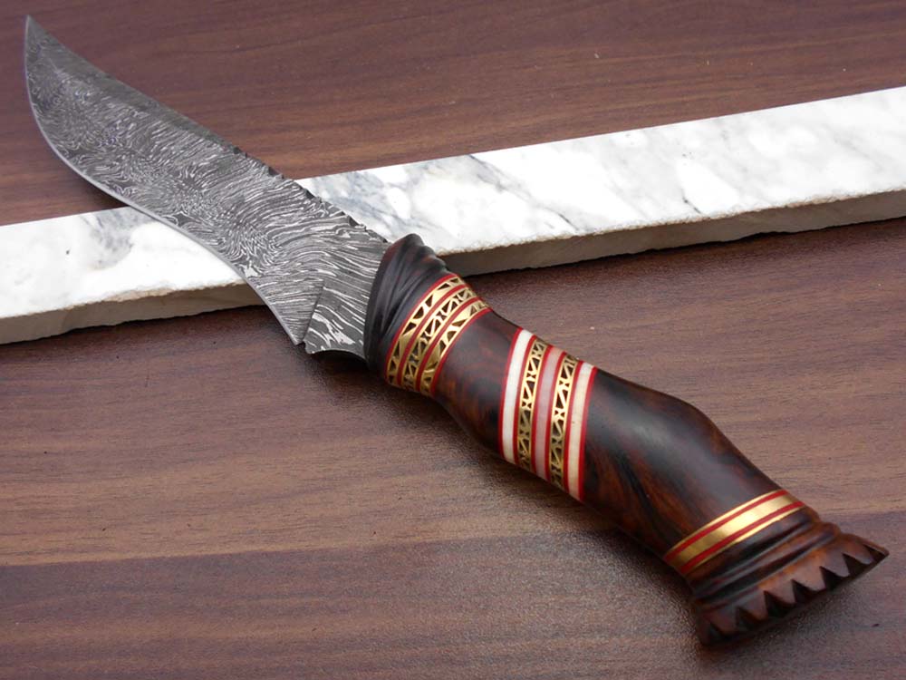 13" Long hand forged Damascus steel skinning knife, Hand carved scale crafted with engraved brass spacer, Available in Camel bone, Walnut wood and bull horn scales, Includes Cow Leather sheath