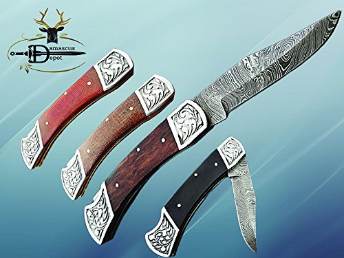 9" long Folding Knife, Available in 4 Scale with Engraved steel bolster, custom made 4" Hand Forged Damascus steel blade Cow hide leather sheath with belt loop