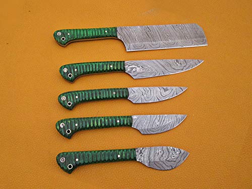 5 pieces Custom made hand forged Damascus steel blade kitchen knife set, Green jigged scale, Overall 45 inches Length of Damascus sharp knives (10.6+9.6+9.0+8.0+7.6) Inches, Leather suede sheath