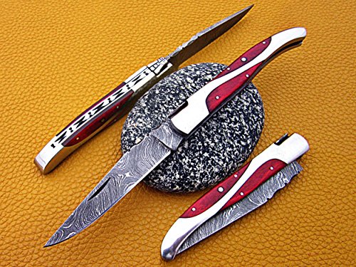 8 Inches long Red dollar wood & steel scale Damascus Folding Knife, Hand forged Damascus steel pocket knife, Cow leather sheath with Belt loop